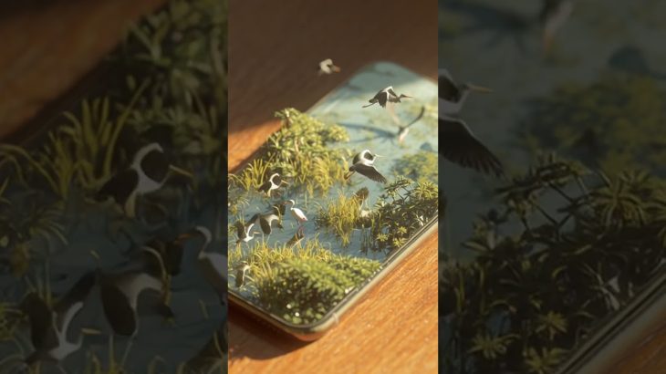 a realistic isometric vertical shot of an Apple iPhone placed on a wooden table, on the phone’s s…
