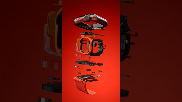 Apple Watch Ultra isometric mid-air assembly, slowly rotating 360 degrees while components conver…