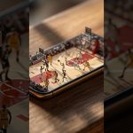 a realistic isometric vertical shot of an Apple iPhone placed on a wooden table, on the phone’s s…