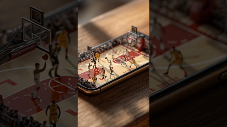 a realistic isometric vertical shot of an Apple iPhone placed on a wooden table, on the phone’s s…