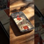 a realistic isometric vertical shot of an Apple iPhone placed on a wooden table, on the phone’s s…